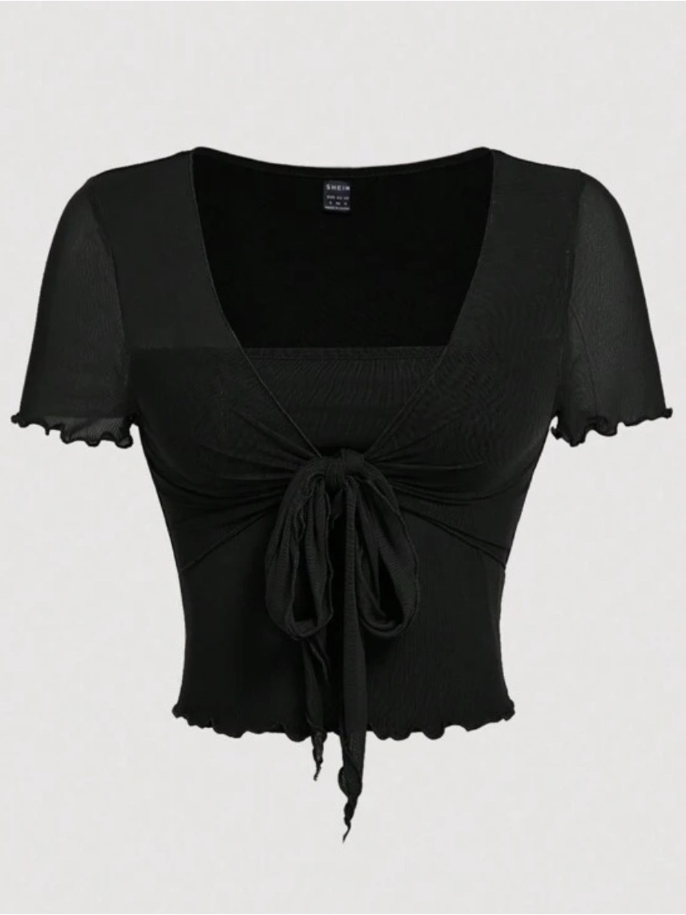 SHEIN Black Tie-Front Short Sleeve Ruffle Crop Top